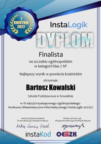 Bartosz Kowalski z tytułem finalisty ogólnopolskiego konkursu matematyczno-informatycznego Instalogik